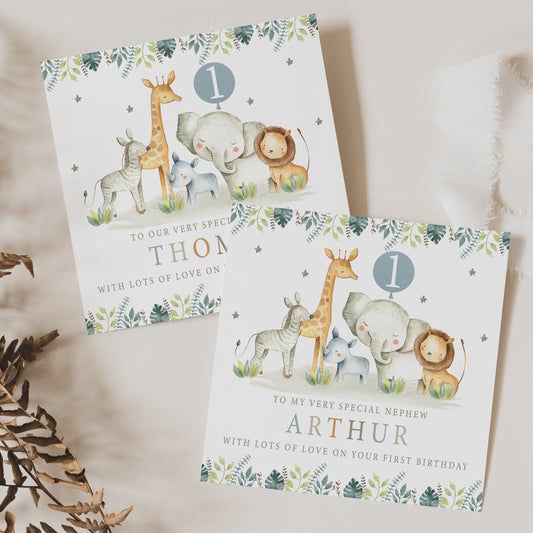 Personalised Safari Animals First Birthday Card