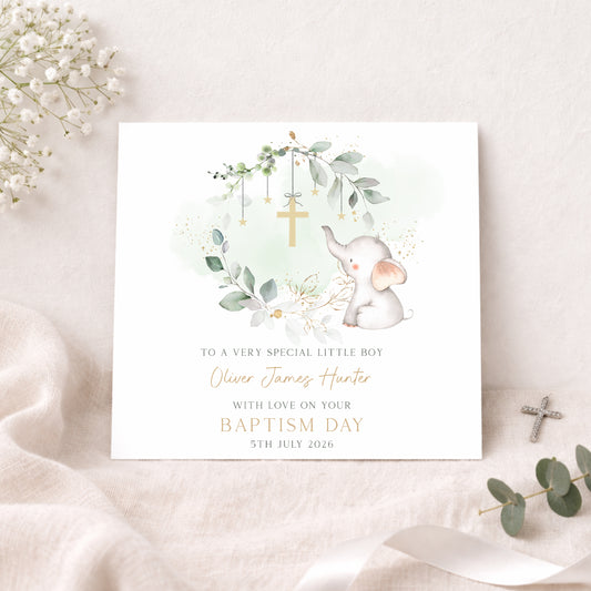 Personalised Green Eucalyptus Baby Boy's Christening Baptism Card