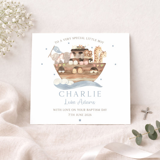 Personalised Baby Boy Noah's Ark Christening Baptism Card