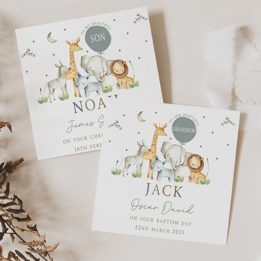 Personalised Safari Animal Christening, Baptism, Naming Day Card