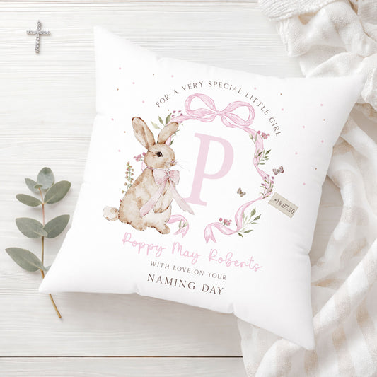 Personalised Pink Bunny Cushion Christening, Baptism, Naming Day Gift for Girls
