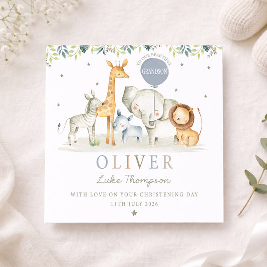 Personalised Safari Animal Christening Baptism Card
