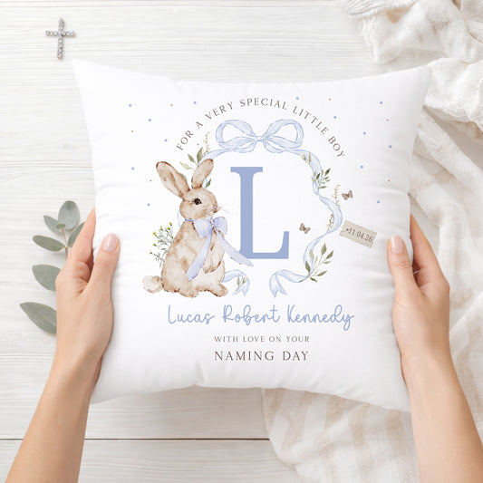 Personalised Blue Bunny Christening Baptism Cushion
