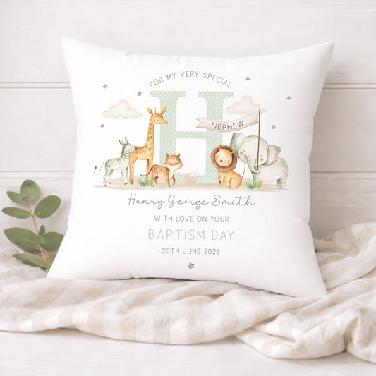 Personalised Green Safari Animals Christening Baptism Cushion