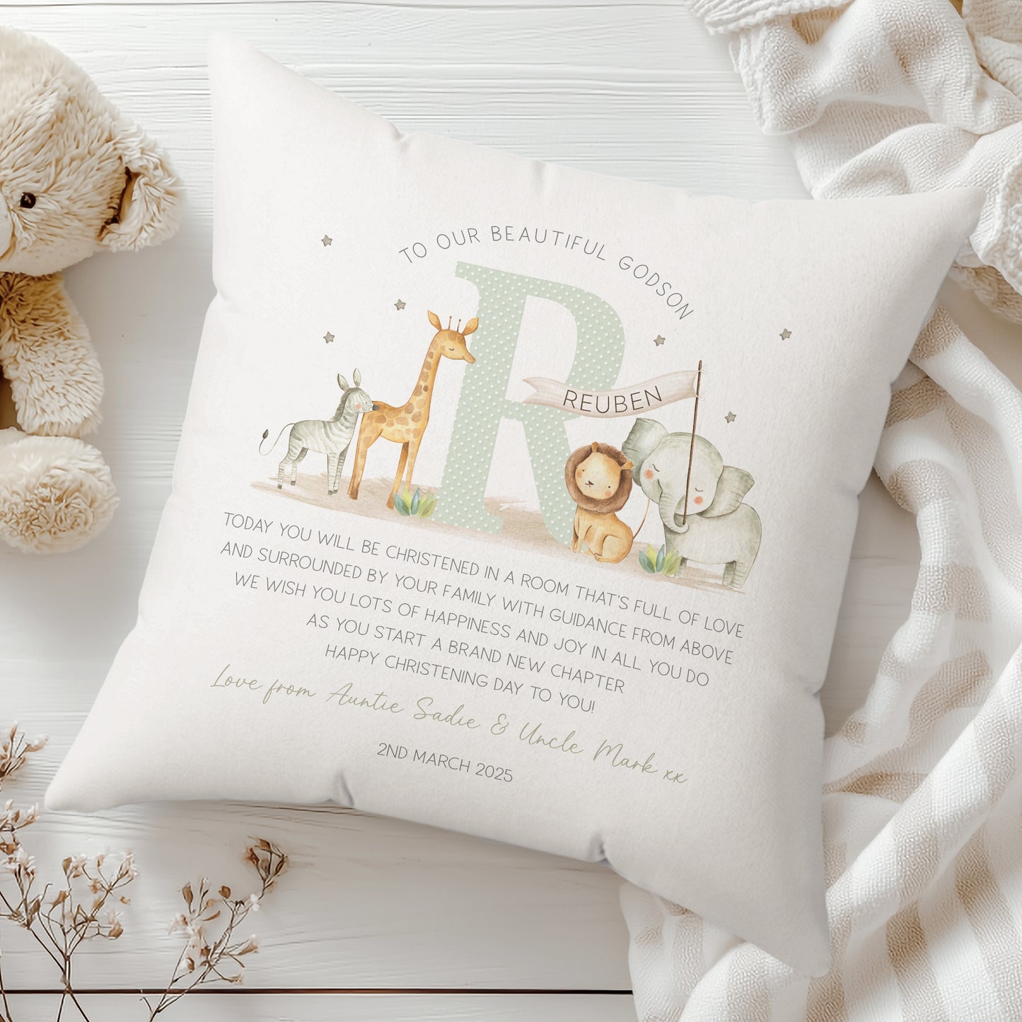 Personalised Safari Animals Cushion, Godson Christening Gift, Godson Baptism Gift