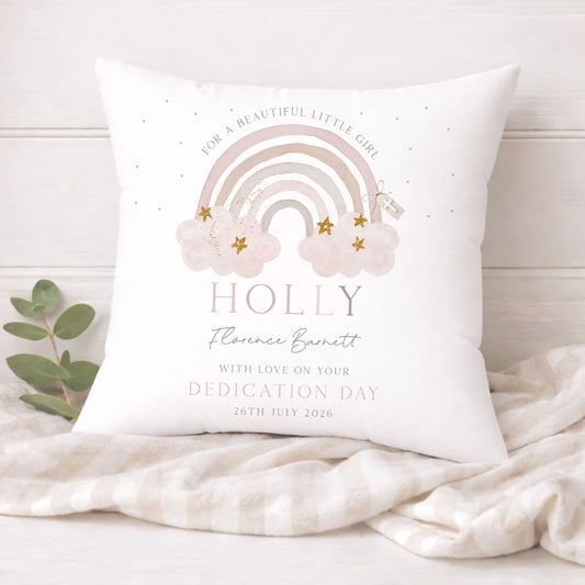 Personalised Pink Rainbow Christening Baptism Cushion