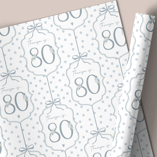 Personalised 80th Birthday Blue Floral Number Wrapping Paper