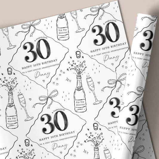 Personalised Black & White 30th Birthday Wrapping Paper