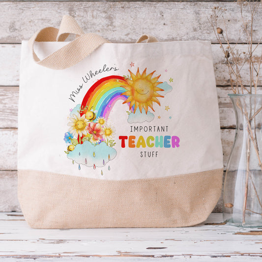 Personalised Teacher Rainbow Jute Tote Bag