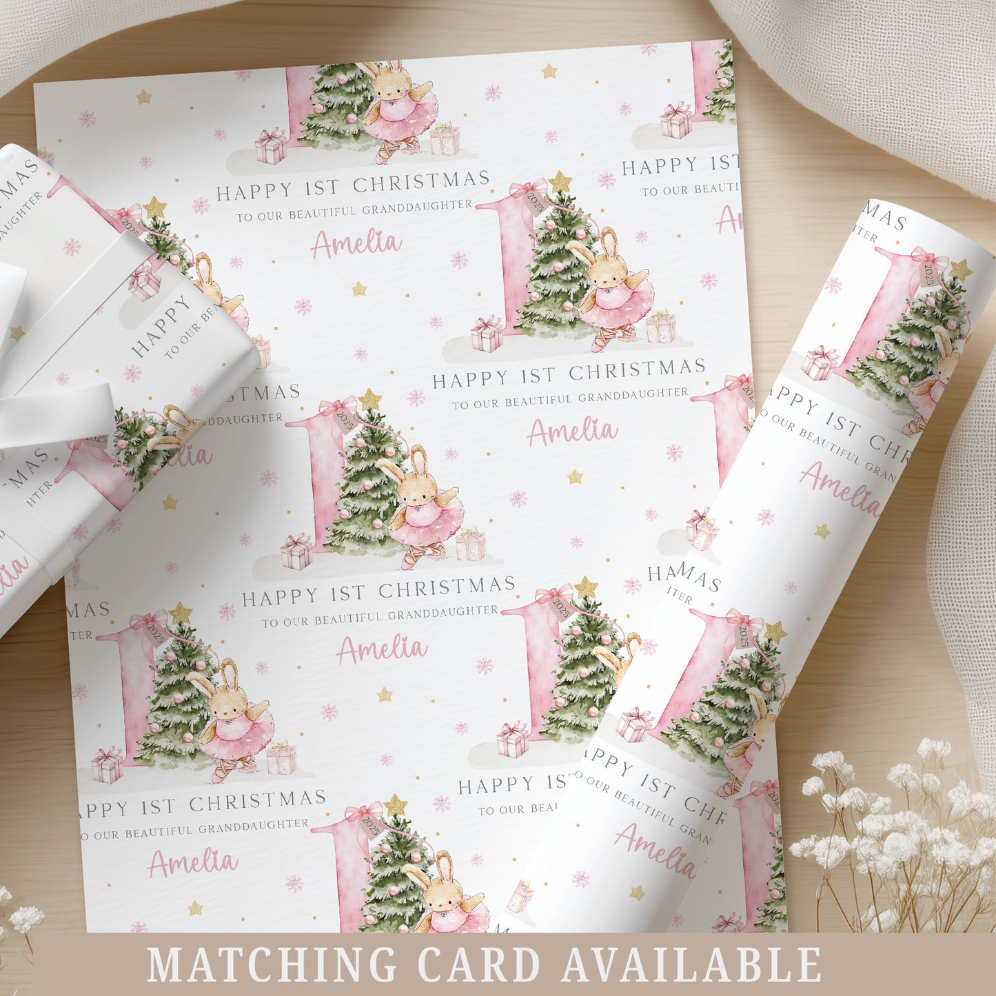 Personalised Girl's First Christmas Pink Gift Wrapping Paper