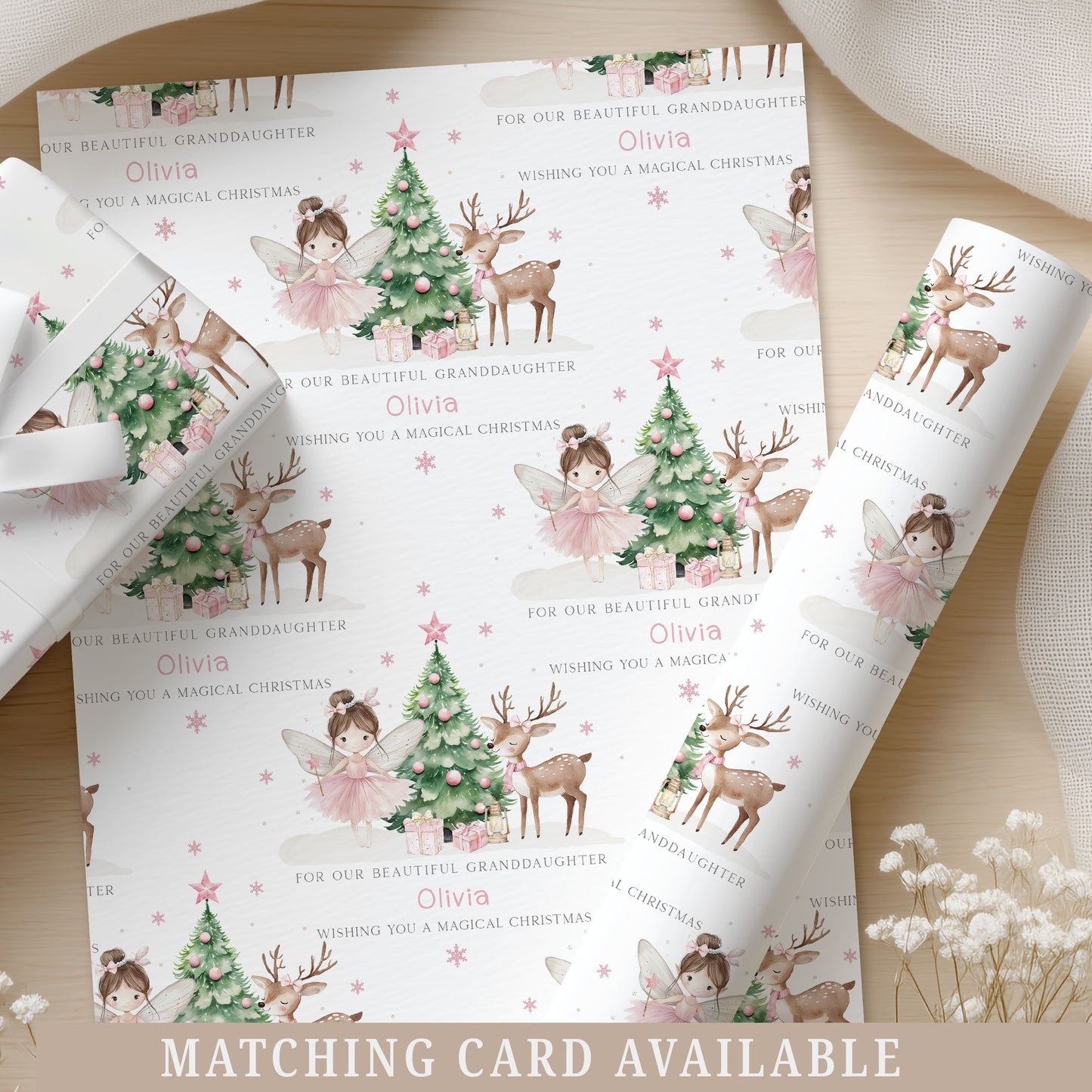 Personalised Girl's Pink Christmas Fairy Gift Wrapping Paper