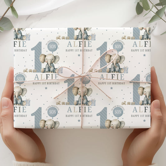 Personalised 1st Birthday Gift Wrapping Paper Blue Elephant