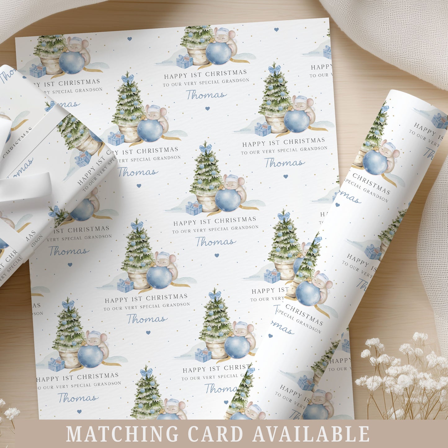 Personalised Boy's First Christmas Cute Mouse Gift Wrapping Paper