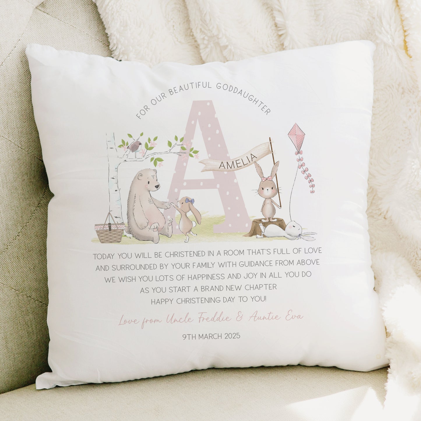 Personalised Pink Cushion, Goddaughter Christening Gift, Goddaughter Baptism Gift