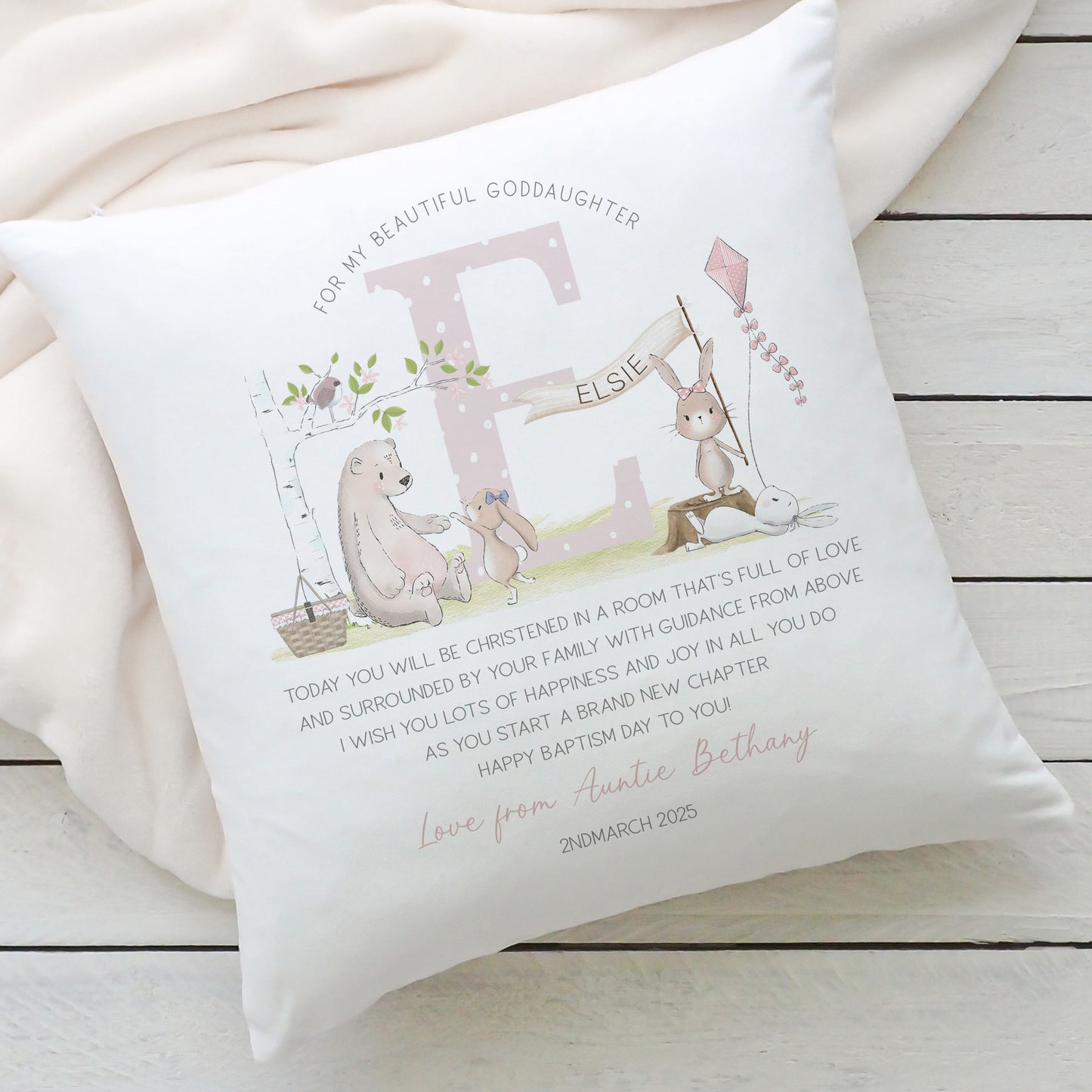 Personalised Pink Cushion, Goddaughter Christening Gift, Goddaughter Baptism Gift