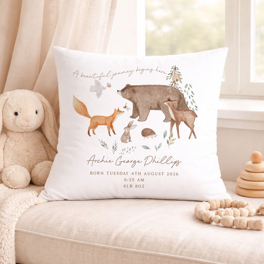 Personalised Woodland Baby Birth Cushion