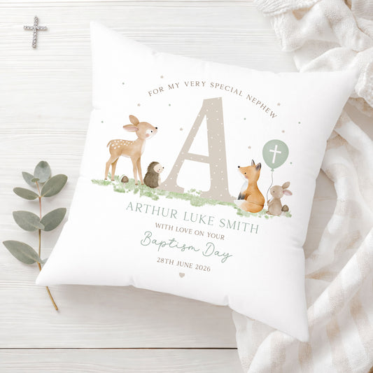 Personalised Boy's Woodland Christening Baptism Cushion