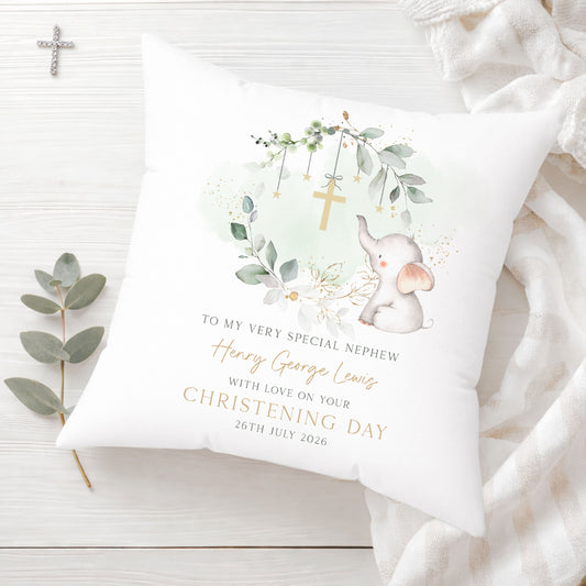 Personalised Green Eucalyptus Elephant Christening Baptism Cushion