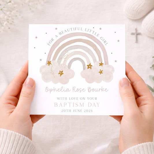 Personalised Girl's Pink Rainbow Christening Baptism Card