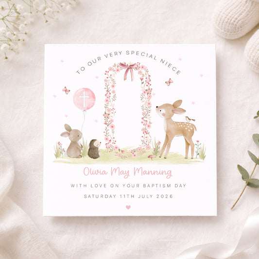 Personalised Girl's Floral Woodland Christening Baptism Card