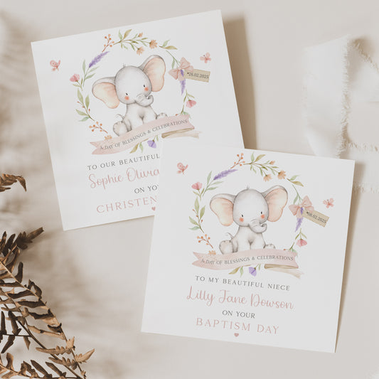 Personalised Girl's Pink Elephant Christening, Baptism, Naming Day Card