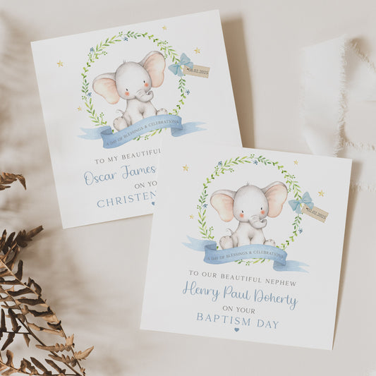 Personalised Boy's Blue Elephant Christening, Baptism, Naming Day Card