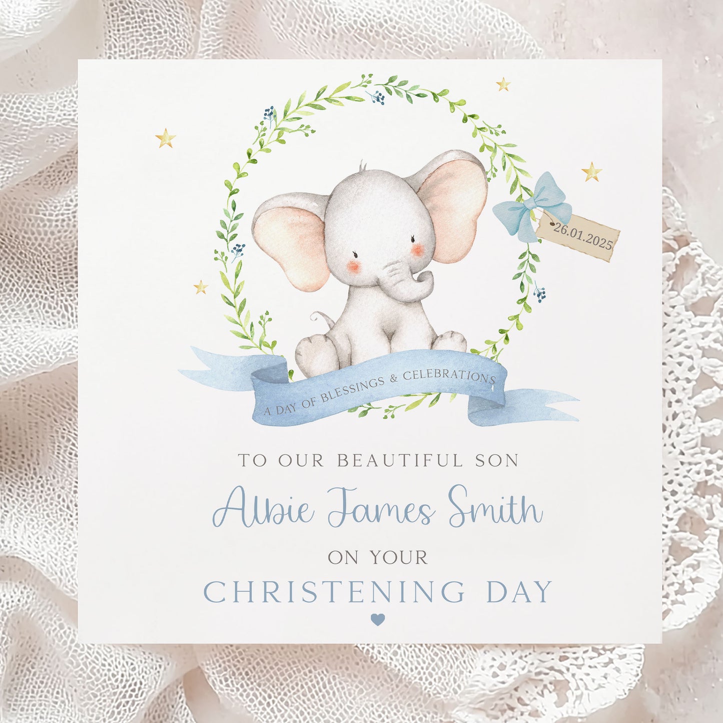 Personalised Boy's Blue Elephant Christening, Baptism, Naming Day Card