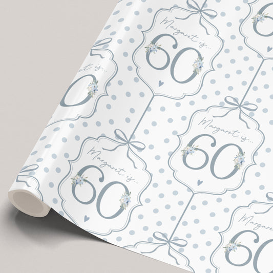 Personalised 60th Birthday Blue Floral Number Wrapping Paper