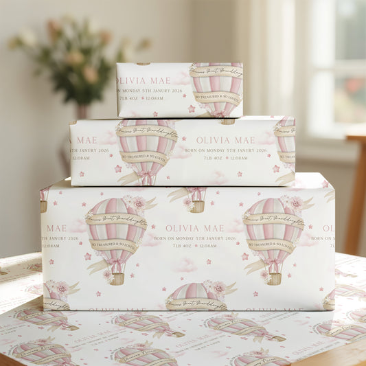 Personalised New Baby Girl's Hot Air Balloon Wrapping Paper