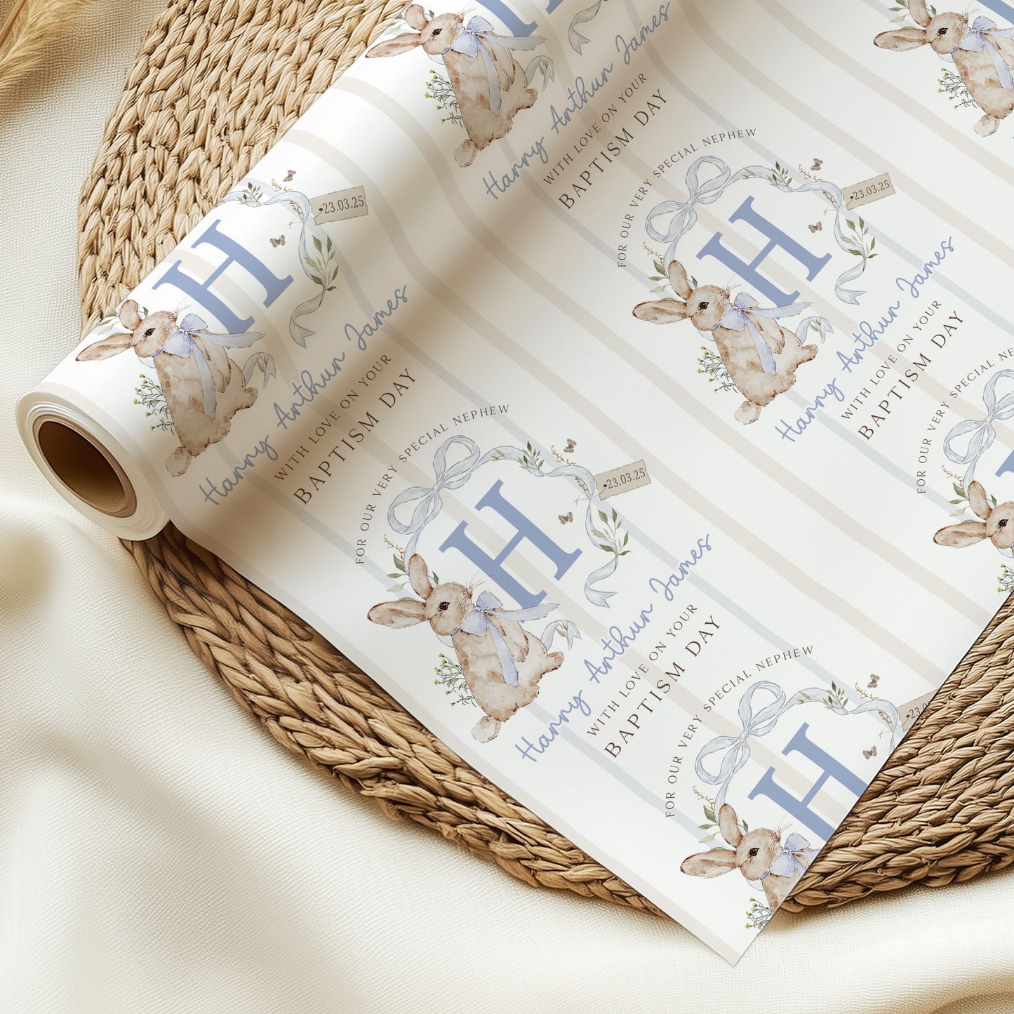 Personalised Boy's Blue Rabbit Christening, Baptism, Naming Day Card