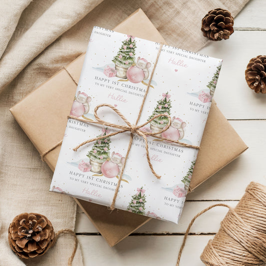 Personalised Girl's Pink First Christmas Mouse Gift Wrapping Paper