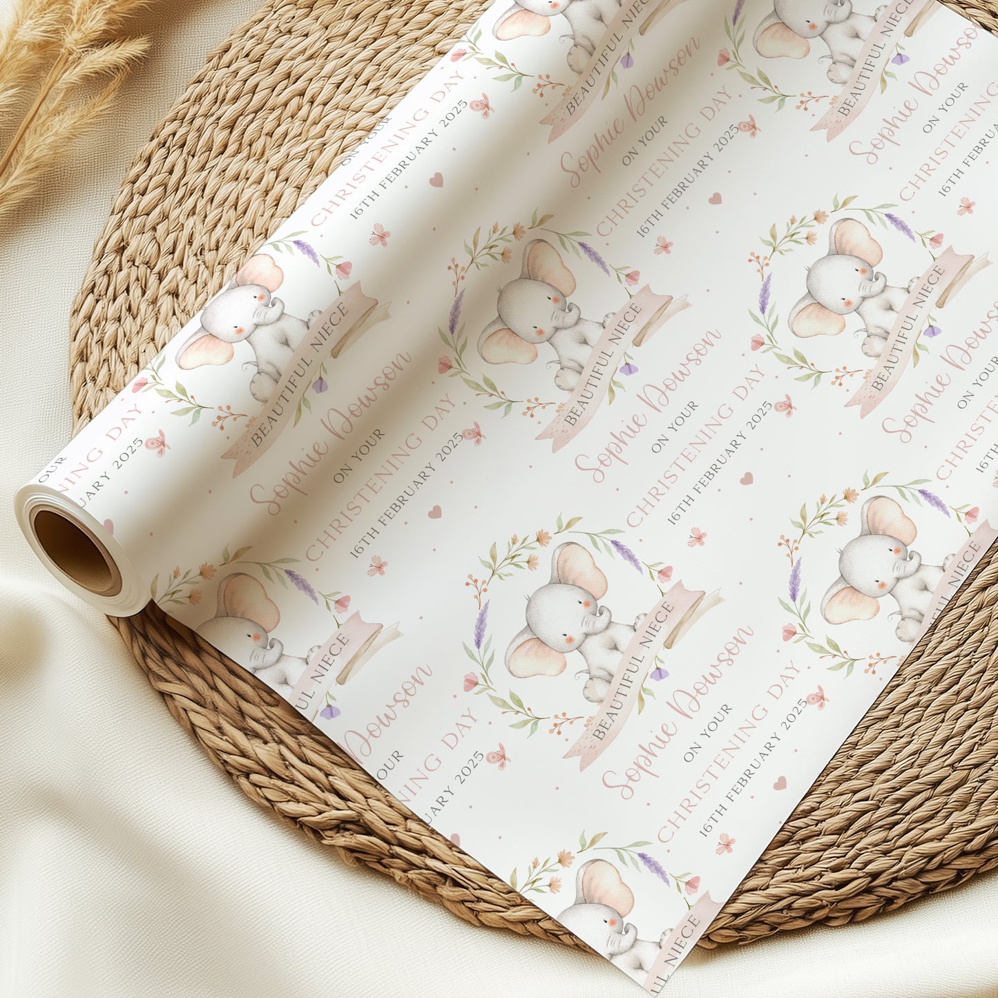 Personalised Girl's Pink Elephant Christening, Baptism, Naming Day Card