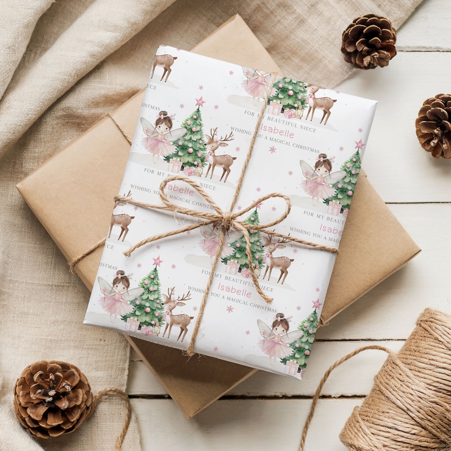 Personalised Girl's Pink Christmas Fairy Gift Wrapping Paper