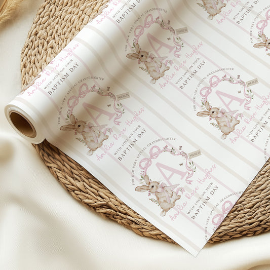 Personalised Christening, Naming Day Wrapping Paper - Pink Bunny