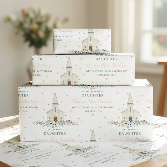Personalised Girl's Christening, Baptism Wrapping Paper - Floral Church