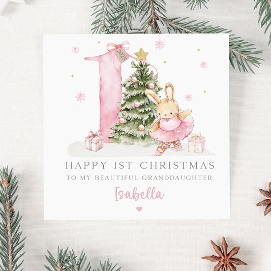 Personalised Baby Girl's Pink First Christmas Card
