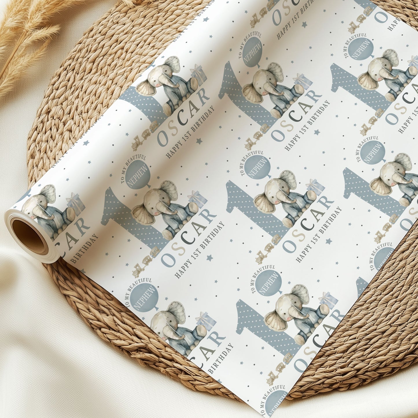 Personalised 1st Birthday Gift Wrapping Paper Blue Elephant