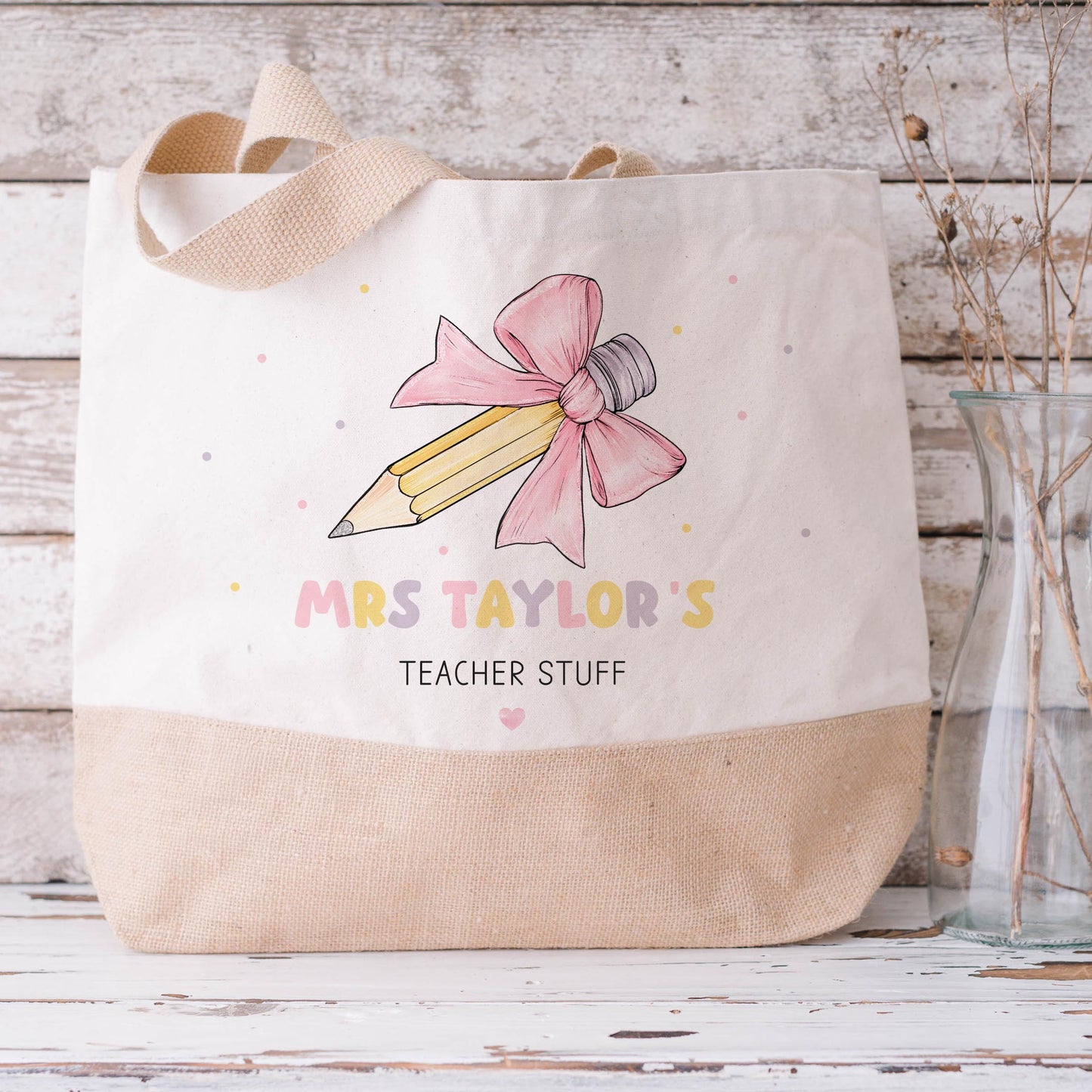 Personalised Teacher Pink Pencil Jute Tote Bag