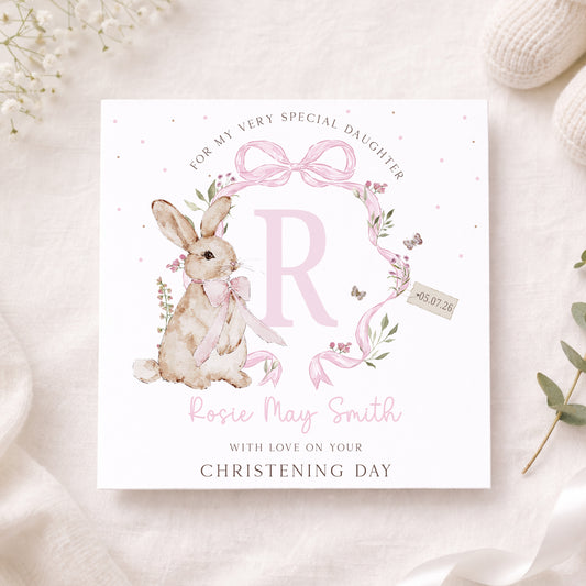 Personalised Girl's Pink Bunny Christening Baptism Card