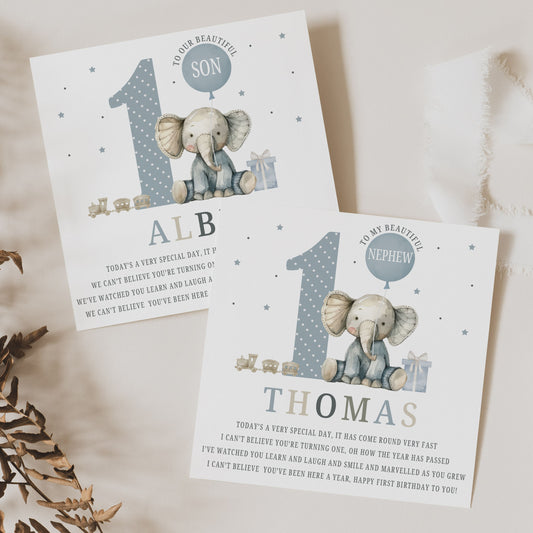Personalised Boy's Blue Elephant 1st Birthday Card