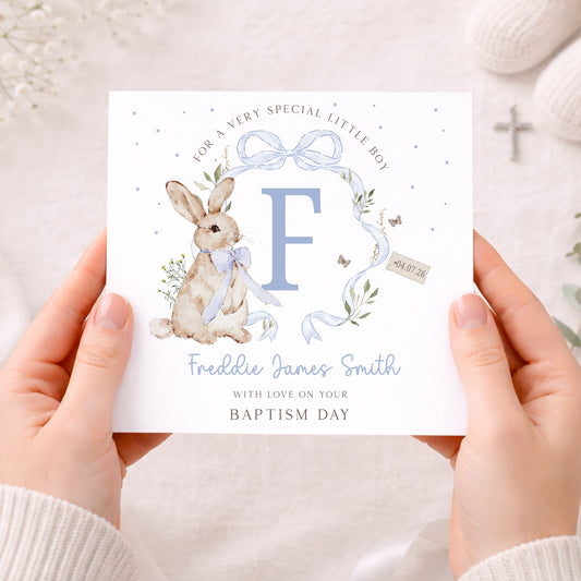 Personalised Blue Bunny Christening Baptism Card