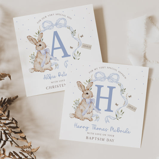 Personalised Boy's Blue Rabbit Christening, Baptism, Naming Day Card