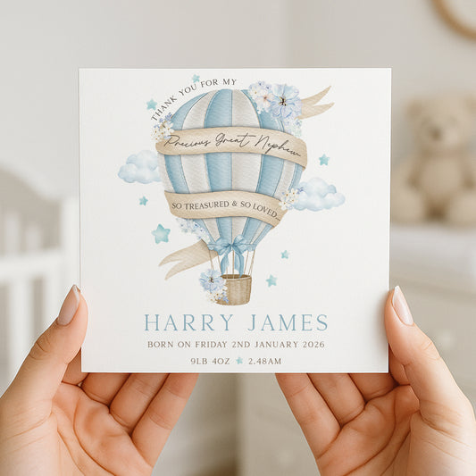 Personalised New Baby Boy's Hot Air Balloon Card