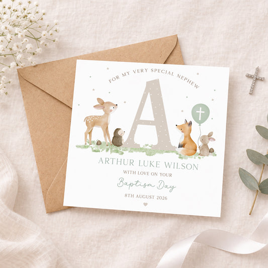 Personalised Boy's Woodland Christening Baptism Card