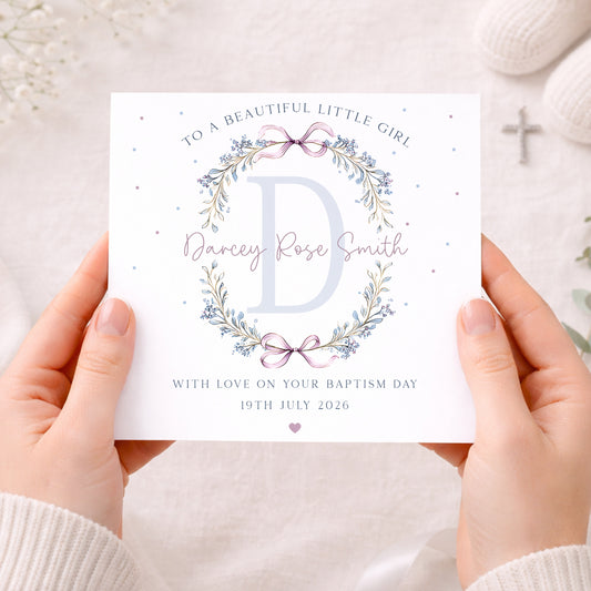 Personalised Girl's Bow Wreath Christening Baptism Card