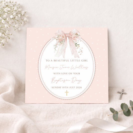 Personalised Girl's Pink Bow Christening Baptism Card