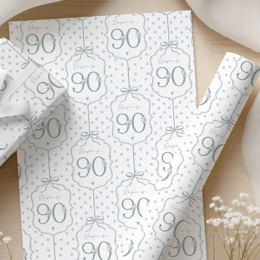 Personalised 90th Birthday Blue Floral Number Wrapping Paper
