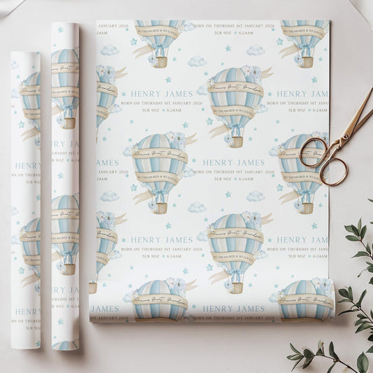 Personalised New Baby Boy's Hot Air Balloon Wrapping Paper