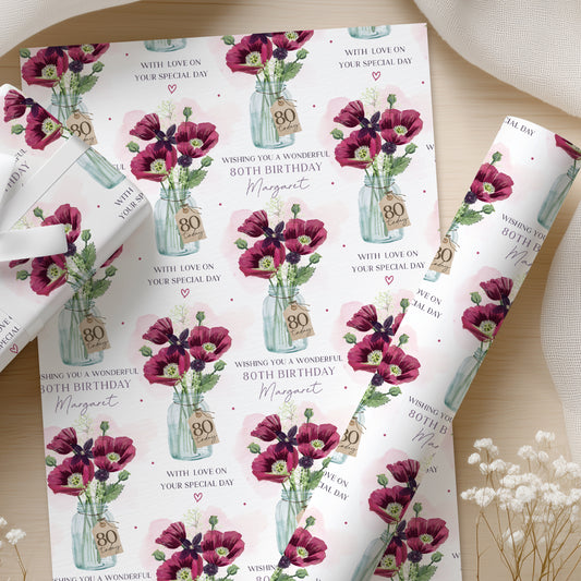 Personalised Purple Floral 80th Birthday Wrapping Paper