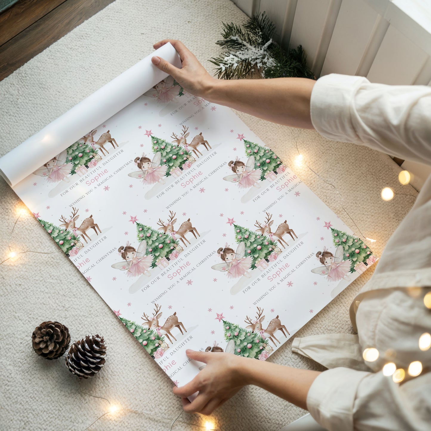 Personalised Girl's Pink Christmas Fairy Gift Wrapping Paper